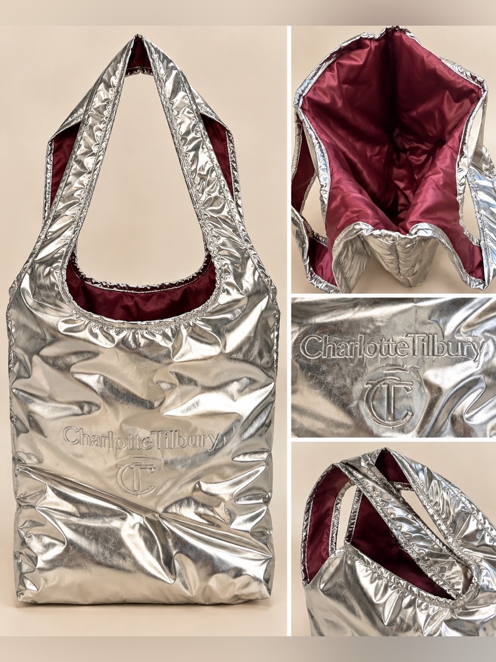 Charlotte Tilbury Metallic Silver Tote Bag GWP Promotional Beauty Bag